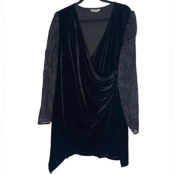 AMARYLLIS BLACK VELVET FAUX WRAP SIDE RUCHING POLKA DOT SHEER LONG SLEEVES - Picture 3 of 10